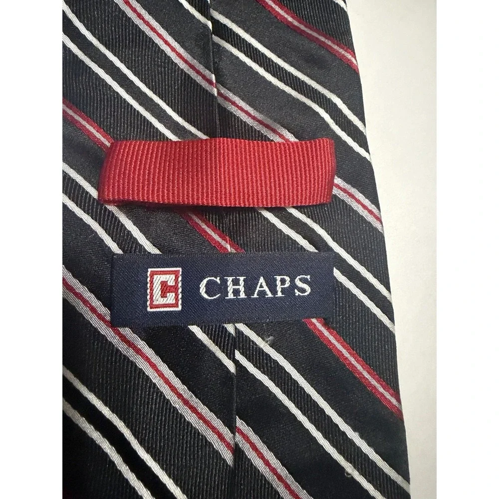 Chaps Mens Silk Necktie Navy Blue Red White Striped Handmade Formal Business Tie